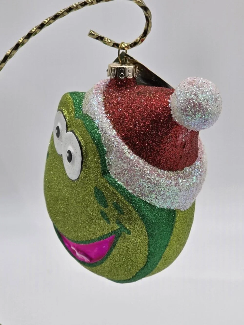 Radko Christmas Ornament Green Glitter Frog Head 25th Anniversary Glass Holiday